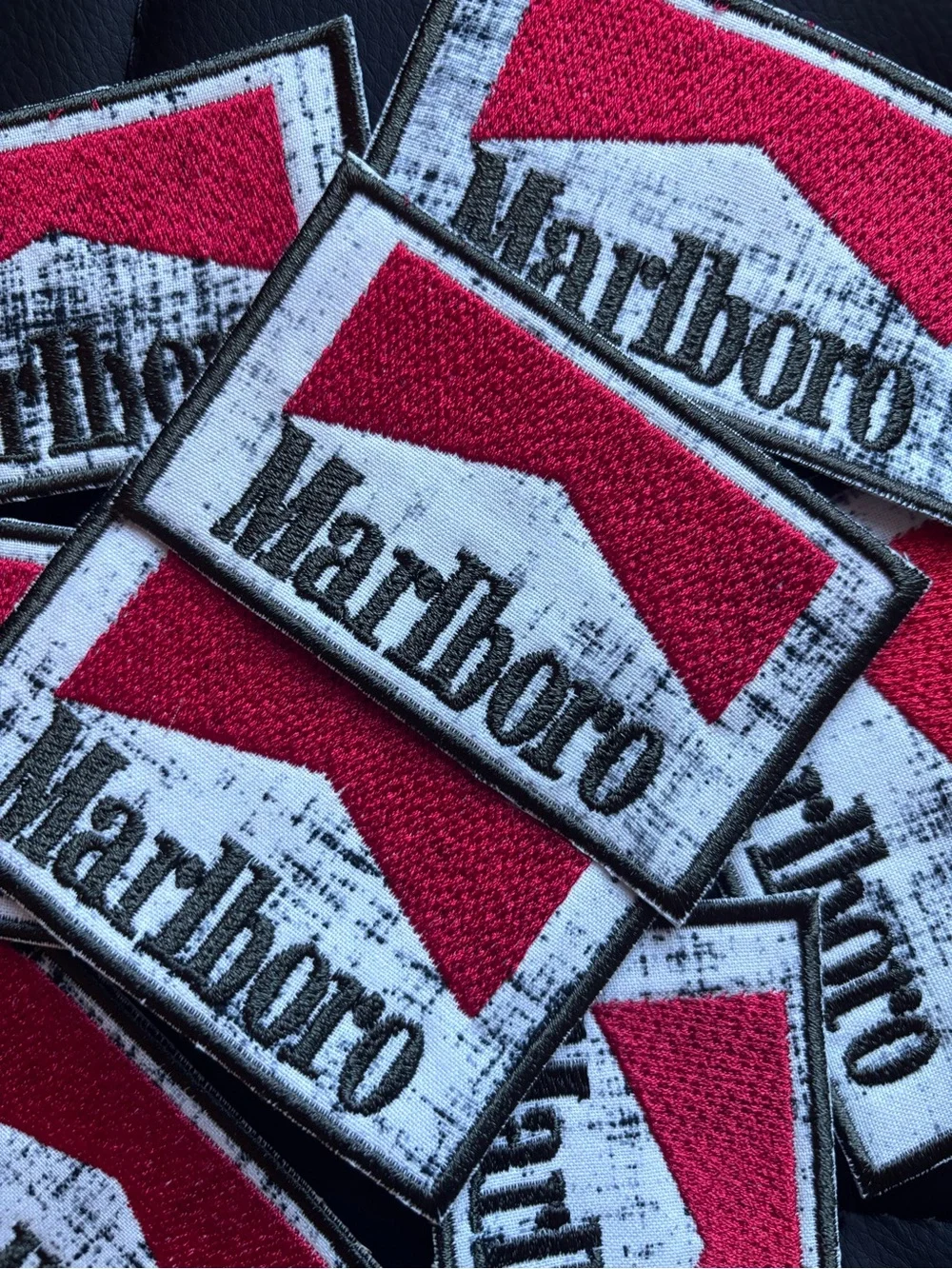 Marlboro Red and White Embroidered Logo Patch W/ Pattern Background